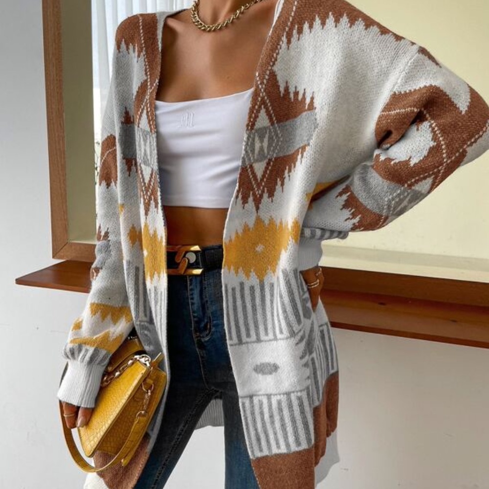 White Brown Tribal Print Open Front Oversized Cardigan - Picture 1 of 6